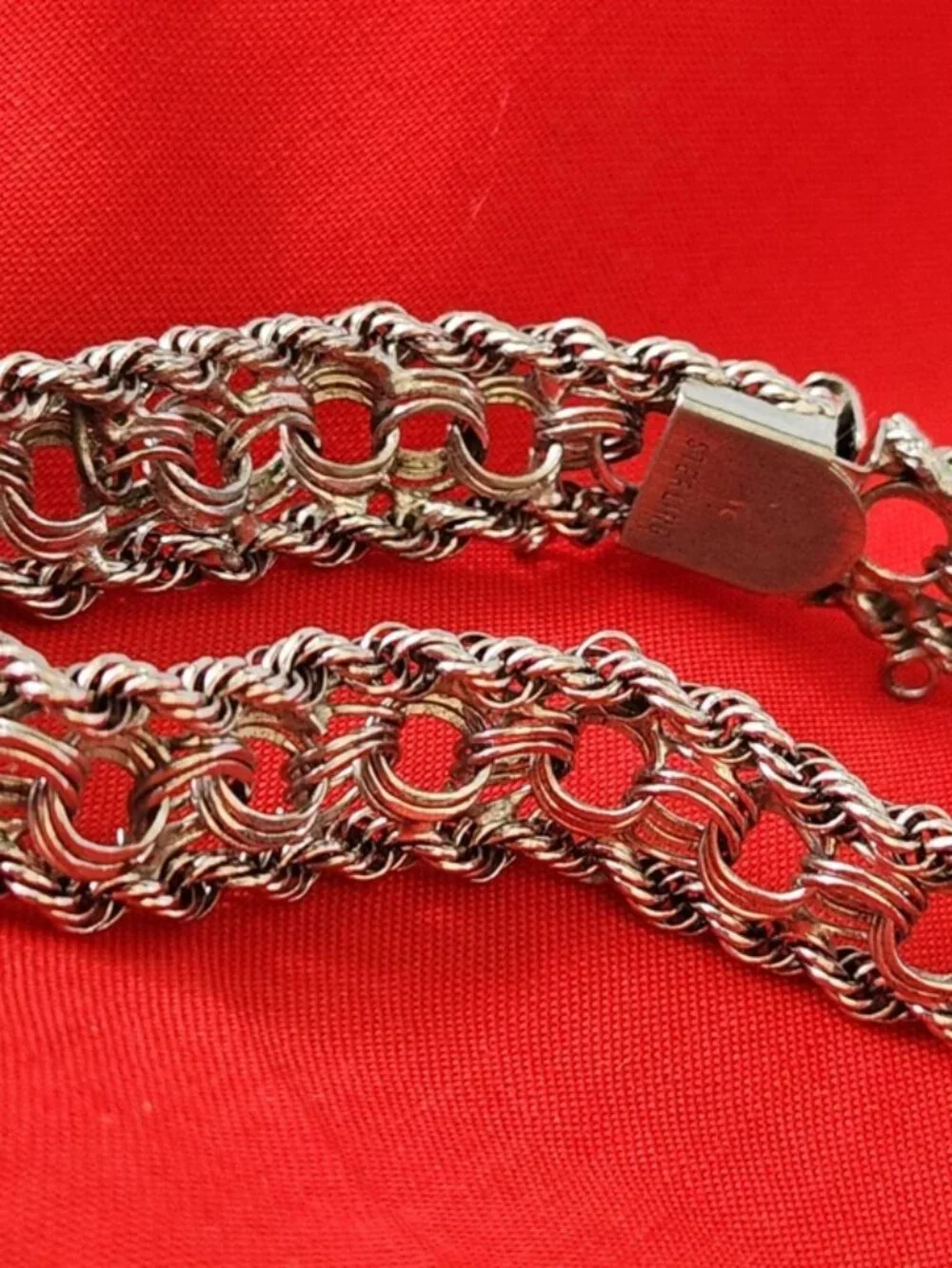 Vtg Sterling Silver Bracelet Wide Triple Row Twisted Rope Signed TC Box Clasp - Picture 13 of 14